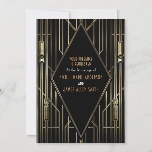 Zwart & Goud 20'er Art Deco Gatsby Glam Trouwen Kaart (Voorkant)