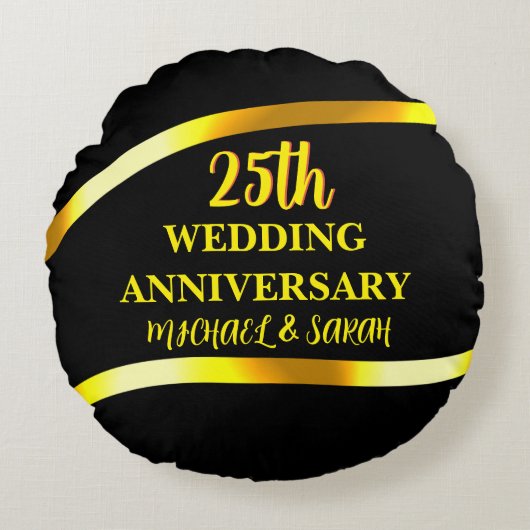 Zwart Goud 25e bruiloft Jubileum cadeau paar Rond Kussen (Voorkant)