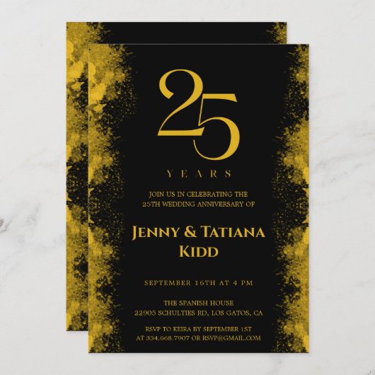 Zwart & Goud 25e Bruiloft Jubileum Kaart (Voorkant / Achterkant)
