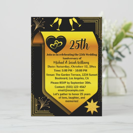 Zwart Goud 25ste bruiloft Jubileum Eenvoudig Moder Kaart (Staand voorkant)