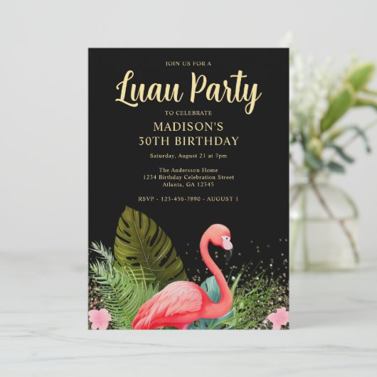 Zwart Goud 30e Verjaardag Luau Party Kaart (Staand voorkant)