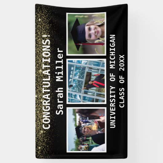 Zwart & Goud 3 Foto Afstuderen Klasse van 2025 Spandoek (Verticaal)