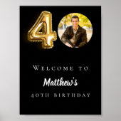 Zwart goud 40e foto verjaardagsfeestje welkom poster (Voorkant)
