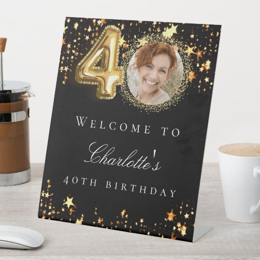 Zwart goud 40e foto verjaardagsfeestje welkom reclamebord met voetstuk (Insitu)