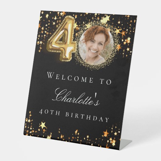 Zwart goud 40e foto verjaardagsfeestje welkom reclamebord met voetstuk (Voorkant)