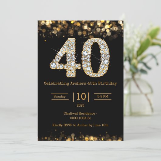 Zwart goud 40e verjaardag uitnodiging (Staand voorkant)