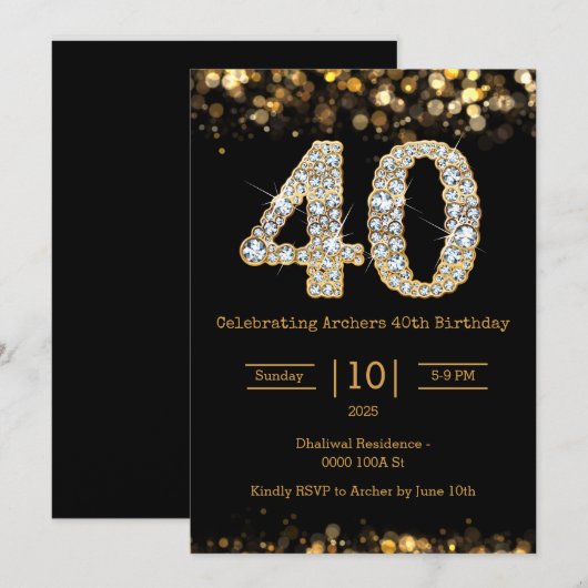 Zwart goud 40e verjaardag uitnodiging (Voorkant / Achterkant)