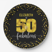 Zwart goud 50 fabulous birthday glitter stippen ve papieren bordje (Voorkant)