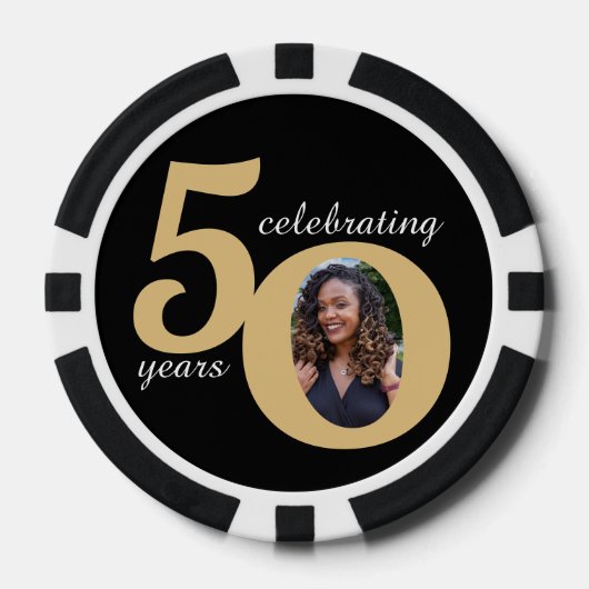 Zwart & Goud 50 Foto Vijftig jaar 50ste verjaardag Poker Chips (Voorkant)