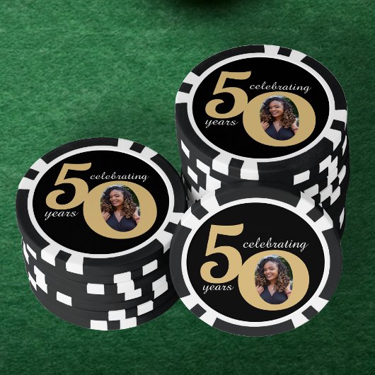 Zwart & Goud 50 Foto Vijftig jaar 50ste verjaardag Poker Chips
