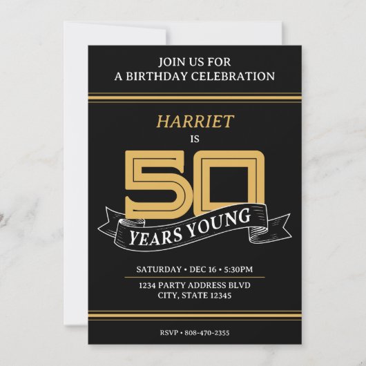 Zwart & Goud 50 Jaar Jong Banner 50ste Verjaardag Kaart (Voorkant)