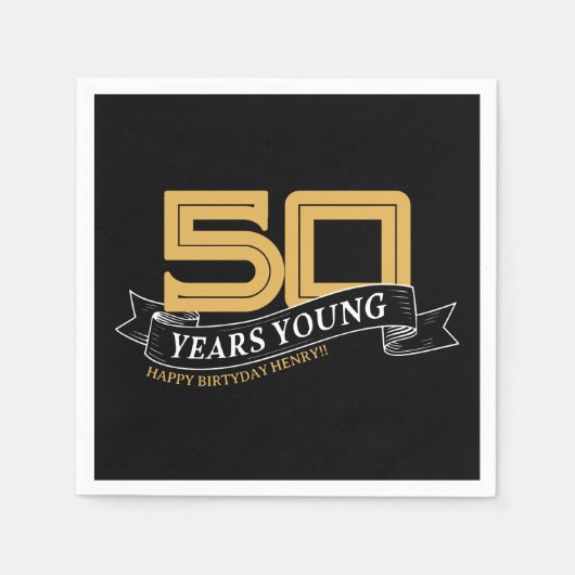 Zwart & Goud 50 Jaar Jong Banner 50ste Verjaardag Servet (Voorkant)