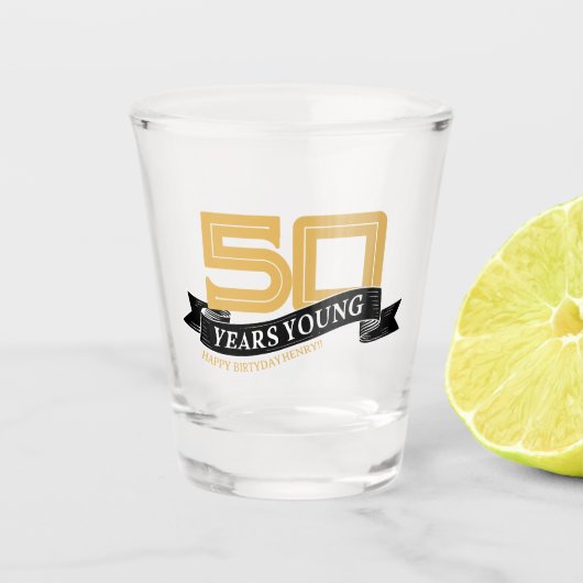 Zwart & Goud 50 Jaar Jong Banner 50ste Verjaardag Shot Glas (Voorkant)