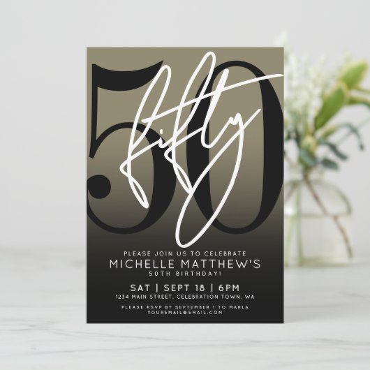 Zwart Goud 50e Verjaardag Feest Uitnodiging (Staand voorkant)