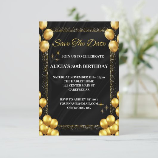 Zwart Goud 50e Verjaardag Save the Date Uitnodigin Kaart (Staand voorkant)