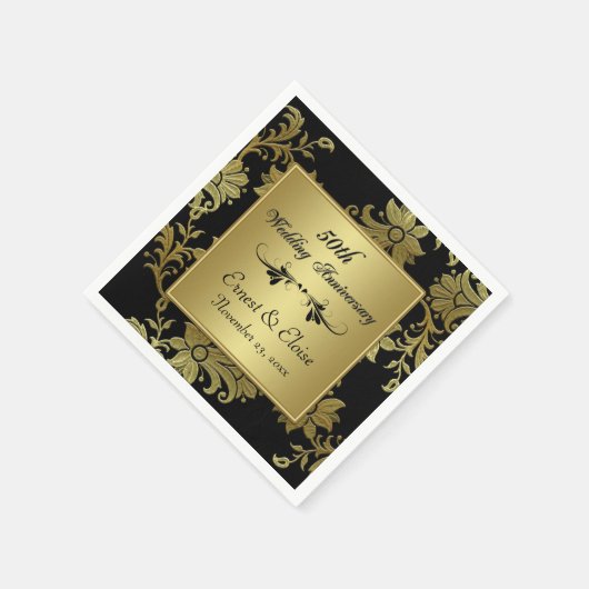 Zwart, Goud 50ste bruiloft Jubileum servetten (Hoek)