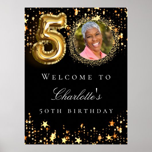 Zwart goud 50ste foto verjaardagsfeestje welkom poster (Voorkant)