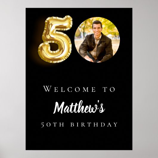Zwart goud 50ste foto verjaardagsfeestje welkom poster (Voorkant)