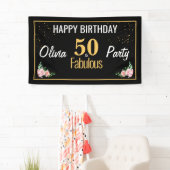 Zwart Goud 50ste Verjaardag Banner met Roze Bloeme (Insitu)