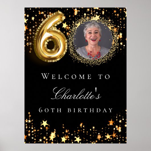 Zwart goud 60e foto verjaardagsfeestje welkom poster (Voorkant)