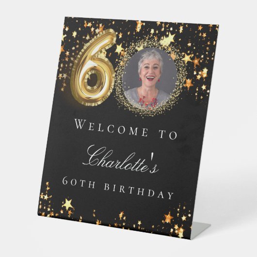 Zwart goud 60e foto verjaardagsfeestje welkom reclamebord met voetstuk (Voorkant)