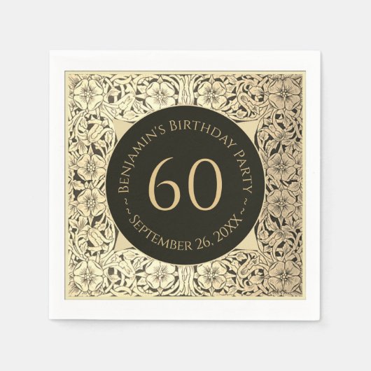 Zwart Goud 60e Verjaardag Elegant  Bloemen Servet (Voorkant)