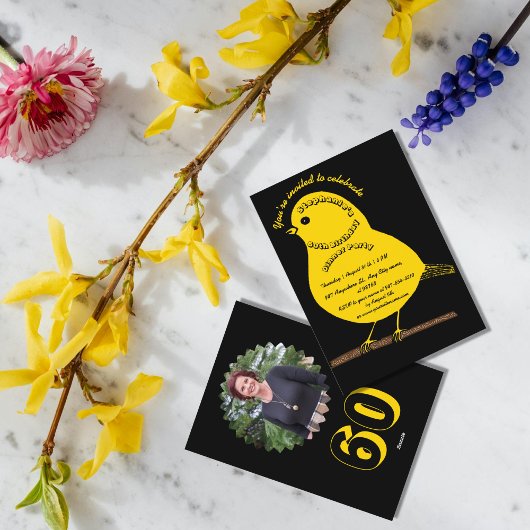 Zwart & Goud 60e Verjaardag Schattige Bird Dinner  Kaart