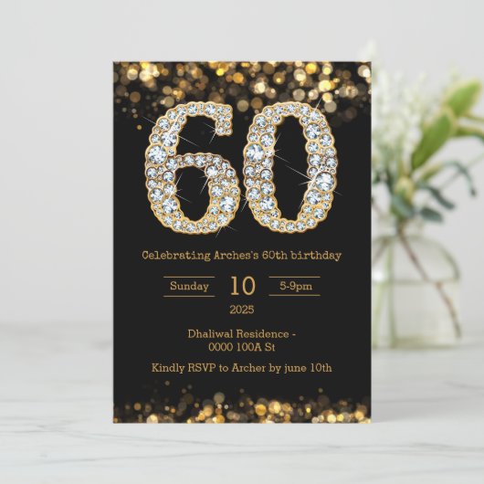 Zwart goud 60e verjaardag uitnodiging (Staand voorkant)