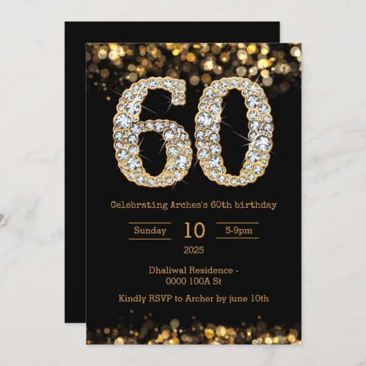 Zwart goud 60e verjaardag uitnodiging (Voorkant / Achterkant)