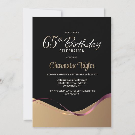 Zwart Goud 65e Verjaardag Feest Uitnodiging (Voorkant)