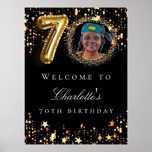 Zwart goud 70e foto verjaardagsfeestje welkom poster (Voorkant)