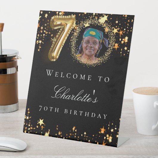 Zwart goud 70e foto verjaardagsfeestje welkom reclamebord met voetstuk (Insitu)