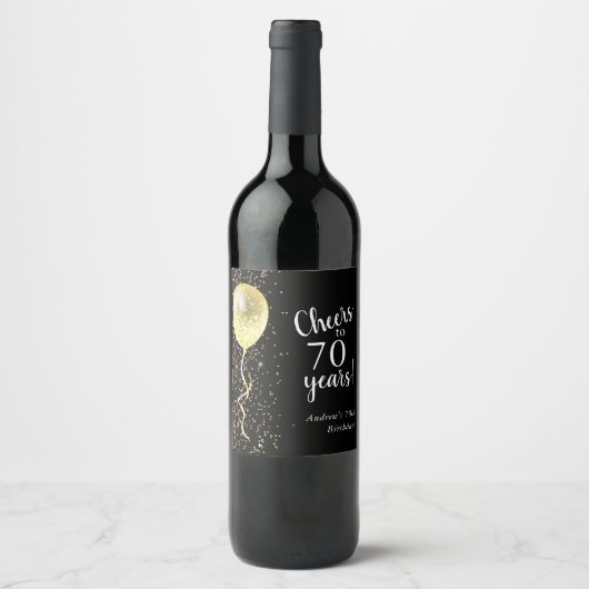 Zwart & Goud | 70e Glitterballon Verjaardag Wijn Etiket (Voorkant)