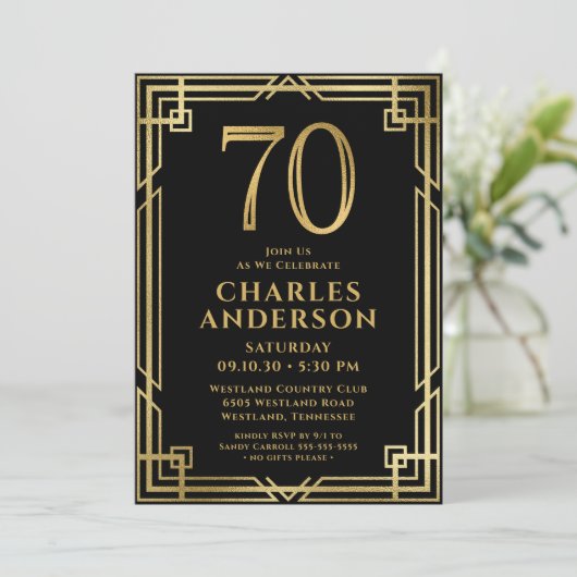 Zwart Goud 70ste Verjaardag Foto Kaart (Staand voorkant)