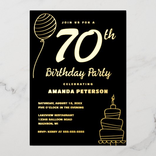 Zwart Goud 70ste Verjaardagsfeest Echt Goud Folie Uitnodiging (Voorkant)