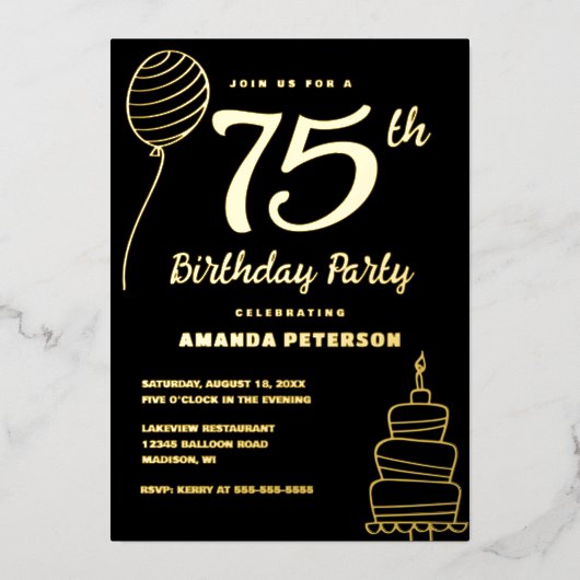 Zwart Goud 75e Verjaardagsfeest Echt Goud Folie Uitnodiging (Voorkant)