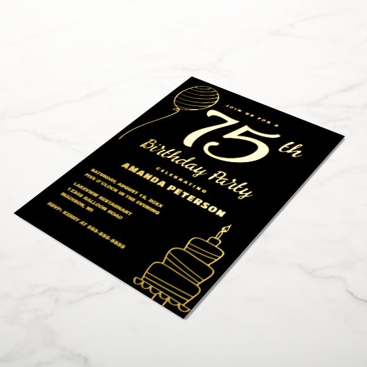 Zwart Goud 75e Verjaardagsfeest Echt Goud Folie Uitnodiging (Gedraaid)
