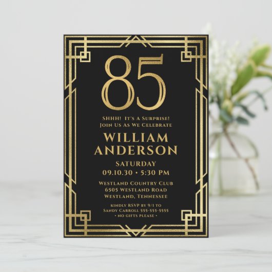 Zwart Goud 85ste Verjaardag Foto Surprise Party Kaart (Staand voorkant)