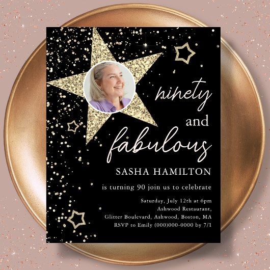 Zwart & Goud 90e Verjaardag Budget Uitnodiging