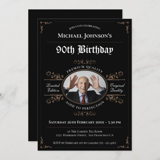 Zwart Goud 90e Verjaardag  Elegant Whiskey Kaart (Voorkant / Achterkant)