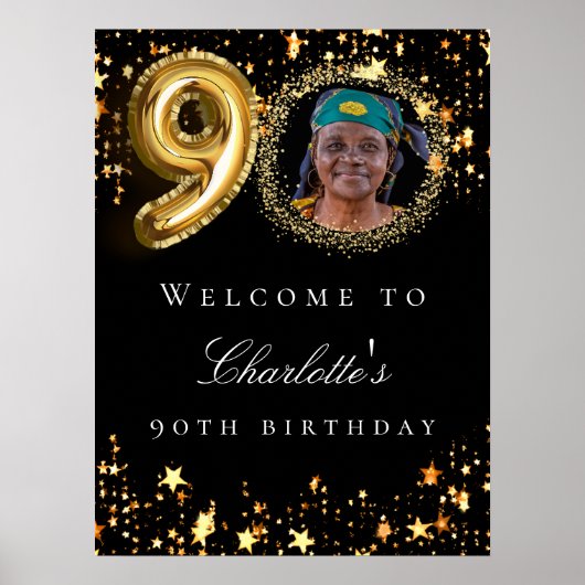 Zwart goud 90ste foto verjaardagsfeestje welkom poster (Voorkant)