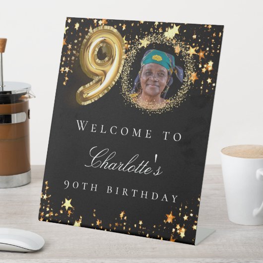 Zwart goud 90ste foto verjaardagsfeestje welkom reclamebord met voetstuk (Insitu)