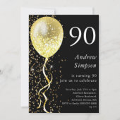 Zwart & Goud | 90ste Glitter Ballon Verjaardag Kaart (Voorkant)