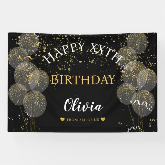 Zwart & Goud Aangepaste Feestelijke Verjaardag Per Spandoek (Horizontaal)