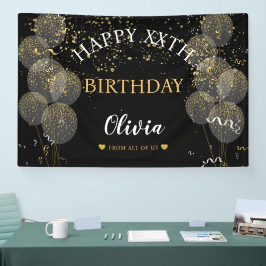 Zwart & Goud Aangepaste Feestelijke Verjaardag  Spandoek (Beurs)