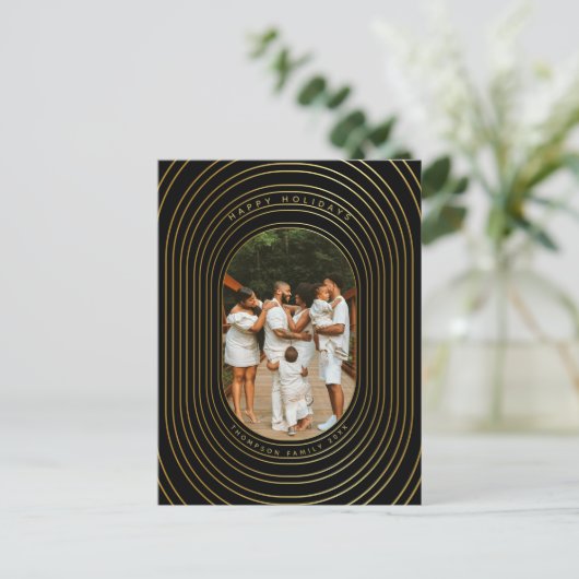 Zwart Goud Aangepaste Foto Familie Kerstmis  Feestdagenkaart (Staand voorkant)