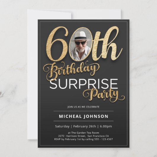 Zwart Goud Aangepaste Foto Verrassing 60e Verjaard Kaart (Voorkant)