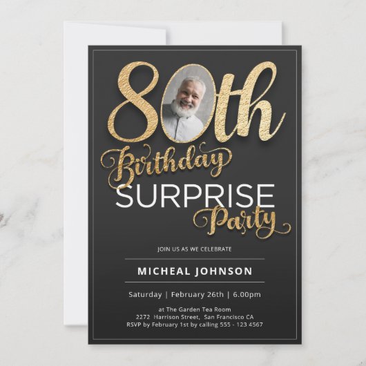 Zwart Goud Aangepaste Foto Verrassing 80e Verjaard Kaart (Voorkant)