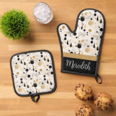 Zwart Goud Abstract Custom Name Gift Ovenwant & Pannenlap Set (Top down)