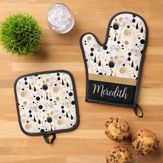 Zwart Goud Abstract Custom Name Gift Ovenwant & Pannenlap Set (Top down)